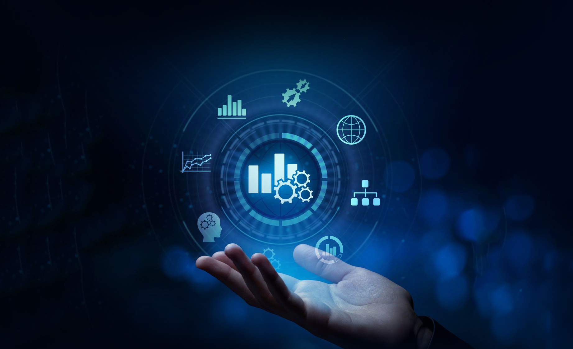 An open hand holding growth, analytics and connectivity icons: banking products for every institution