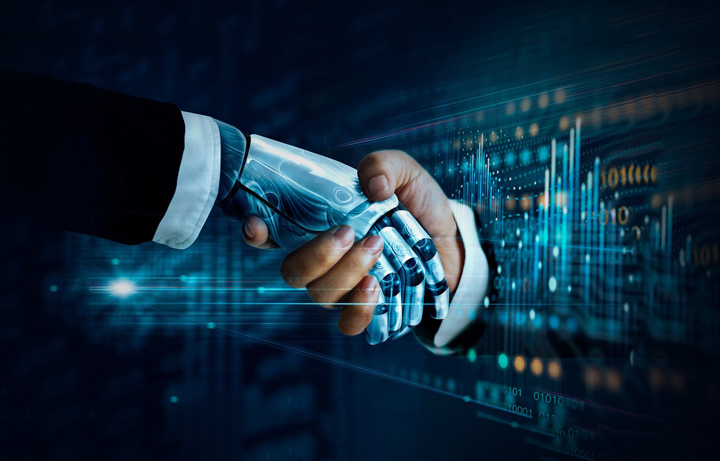 Handshake between a person and a robotic hand over live financial data: trusted partnership in digital banking